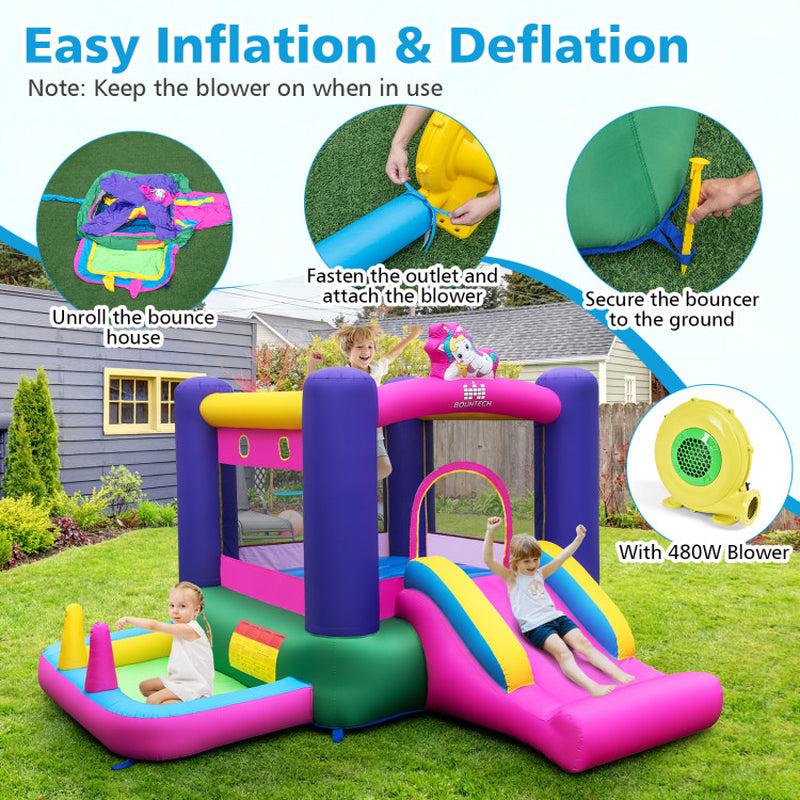 6-In-1 Bouncy Castle Inflatable Bounce House with Slide and Ball Pit with 480W Blower